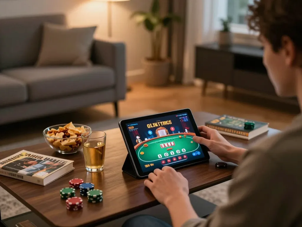 Engaging in online poker gaming with kkwin on a cozy home setup, highlighting the immersive experience.