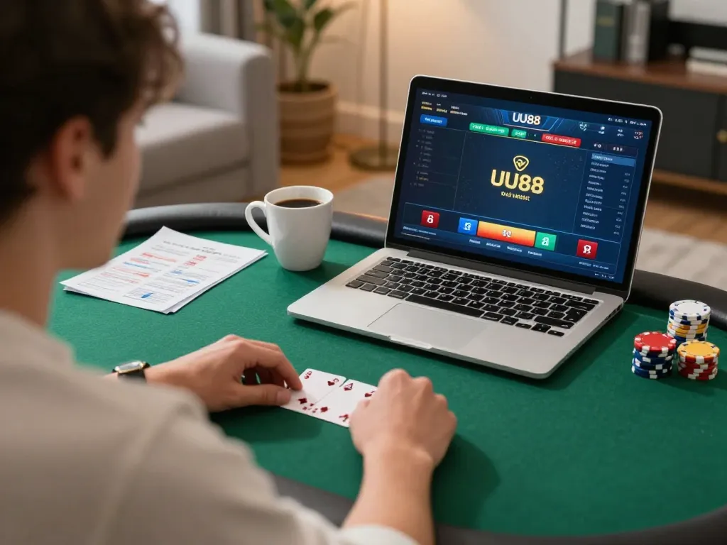 uu88 online poker gameplay in a cozy home setting with strategy notes and coffee
