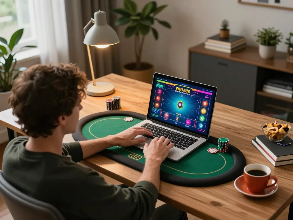 Engaging in strategic online poker gameplay on a laptop, showcasing a cozy home setting with TG88.