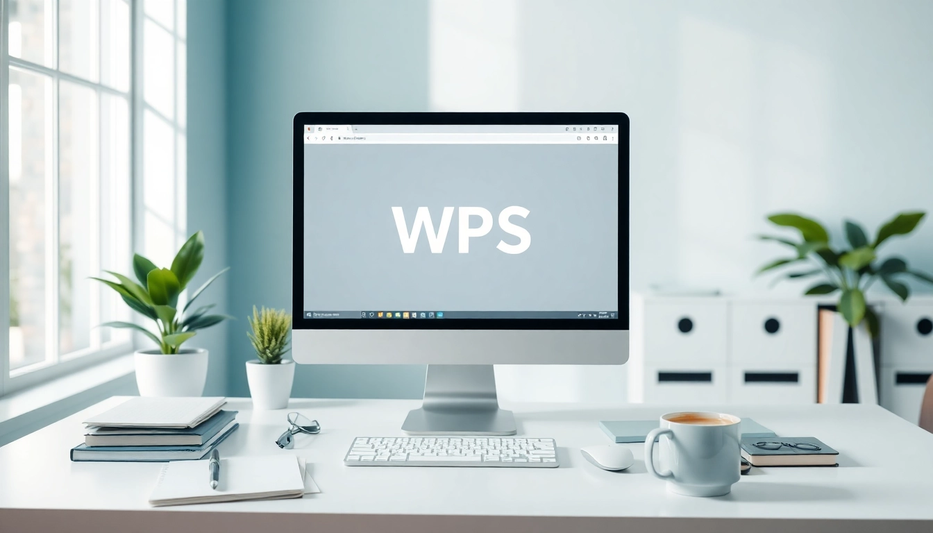 A modern workspace featuring WPS办公软件 on a sleek computer screen with a bright, professional atmosphere.