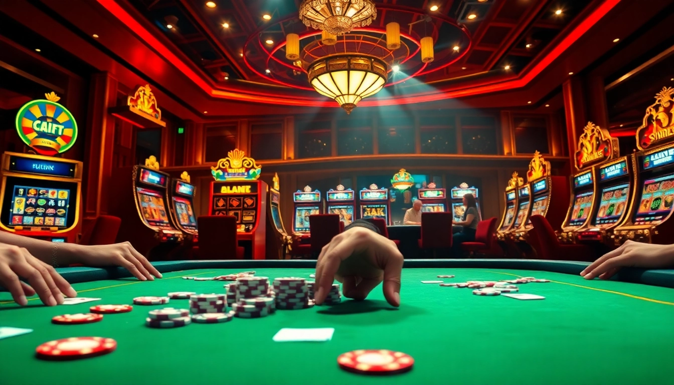 Exciting casino experience at a nhà cái uy tín with vibrant slot machines and betting activities.