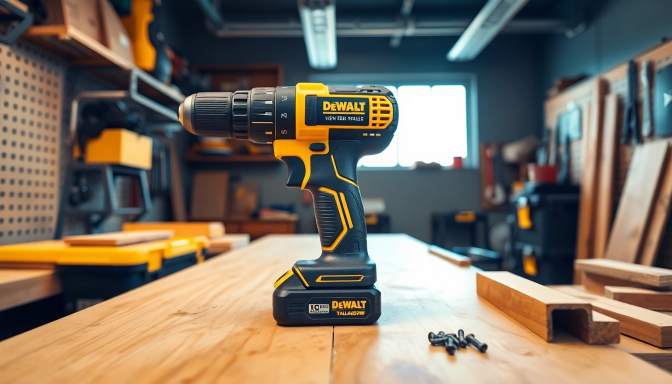 Leistungsstarker Dewalt Taladro an einem gut organisierten Arbeitsplatz mit Werkzeugen und Holztexturen.