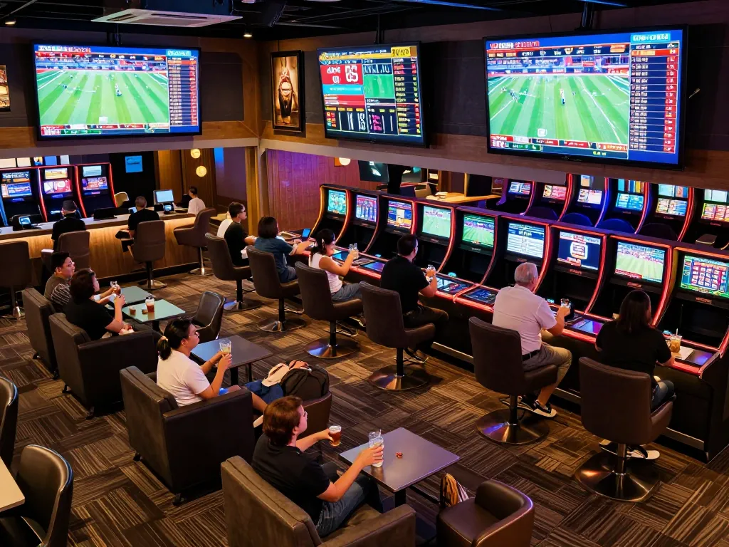 KQBD results displayed in an upscale sports betting lounge with excited patrons betting.
