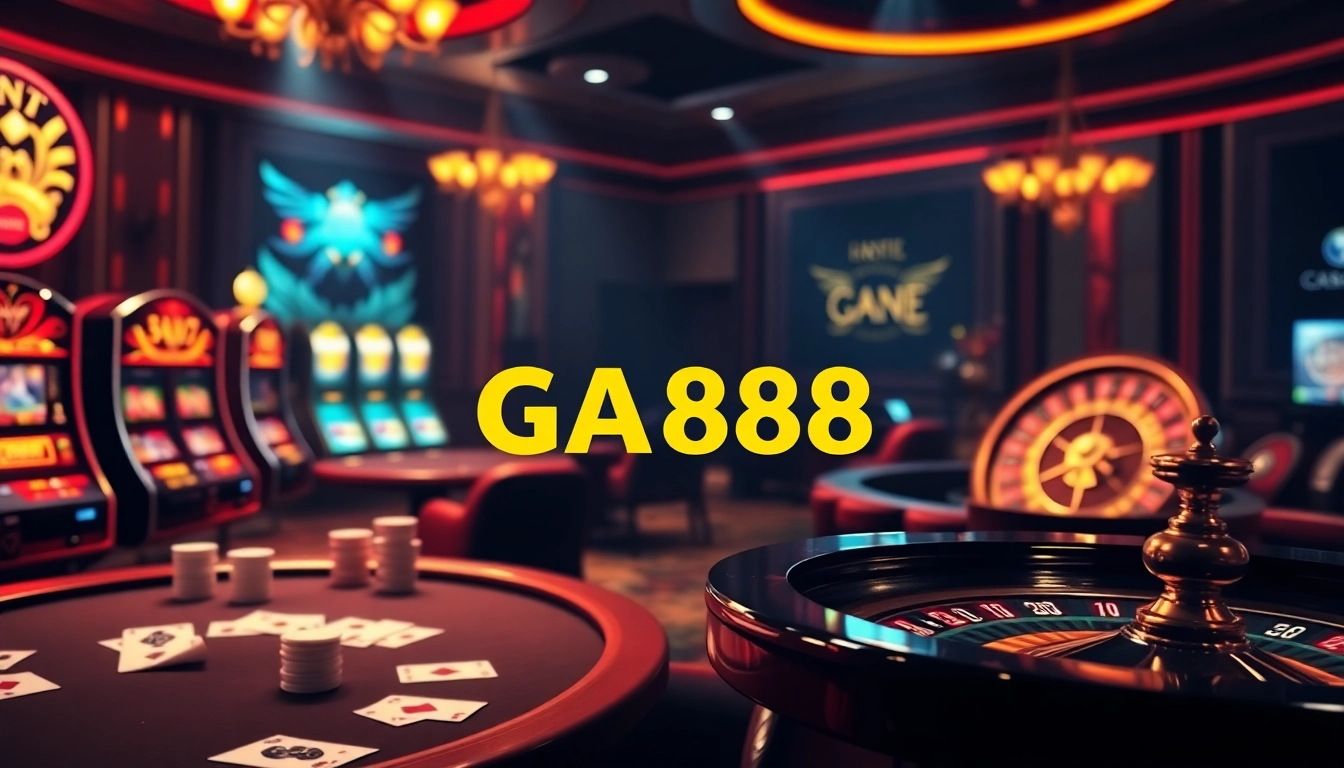 Engage with the exhilarating features of GA888 through a luxurious casino scene showcasing vibrant gambling activities.