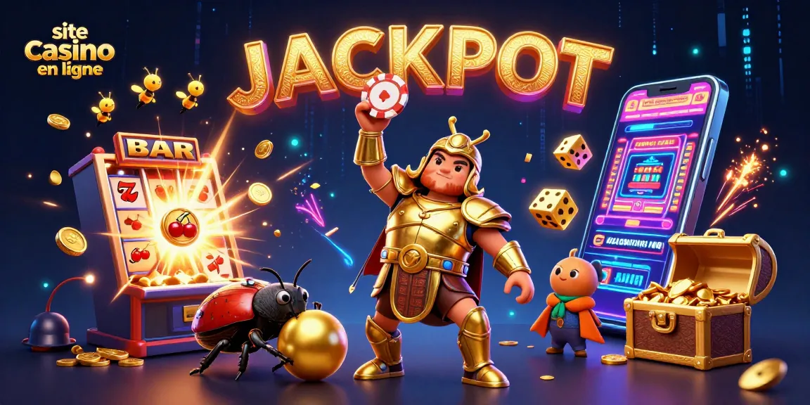 Ce site casino en ligne présente une illustration captivante de jeux, avec des personnages animés triomphants.