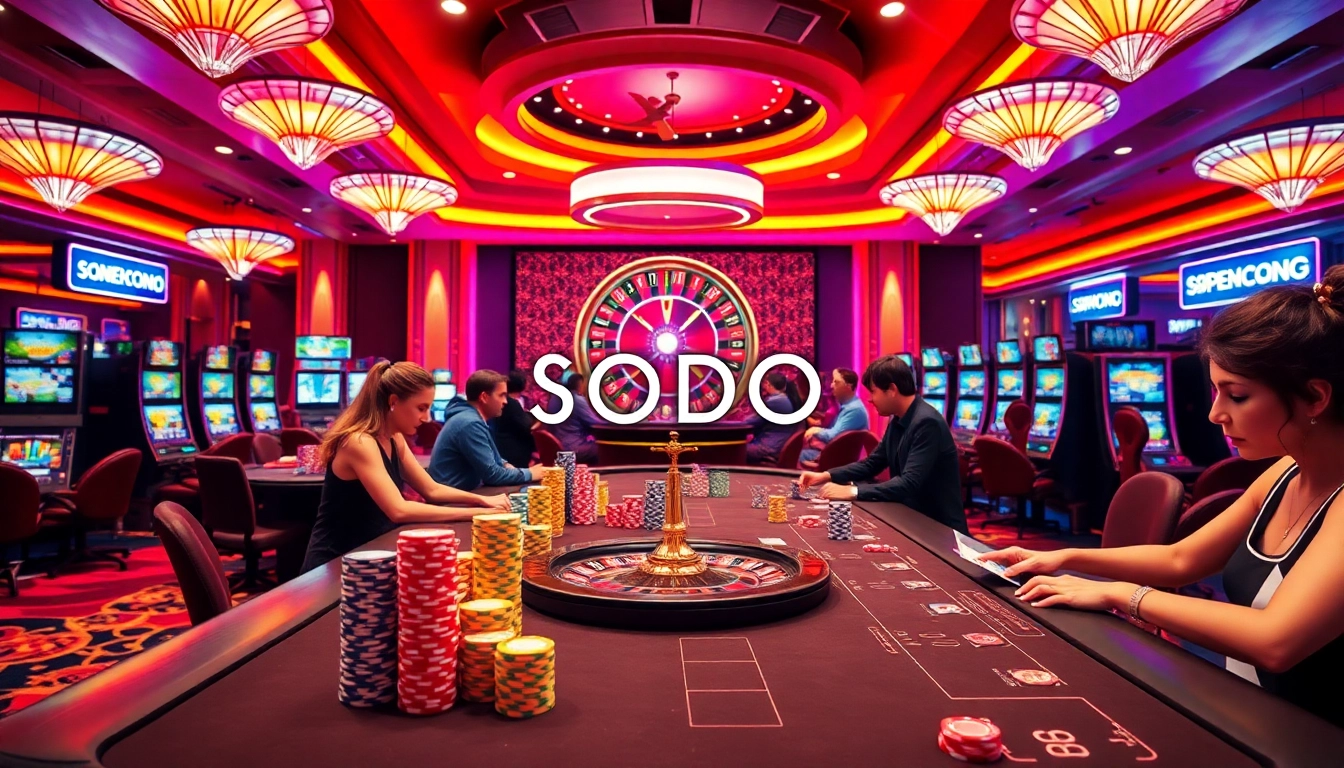 SODO Casino showcases excited players at poker tables with vibrant chips and slot machines.