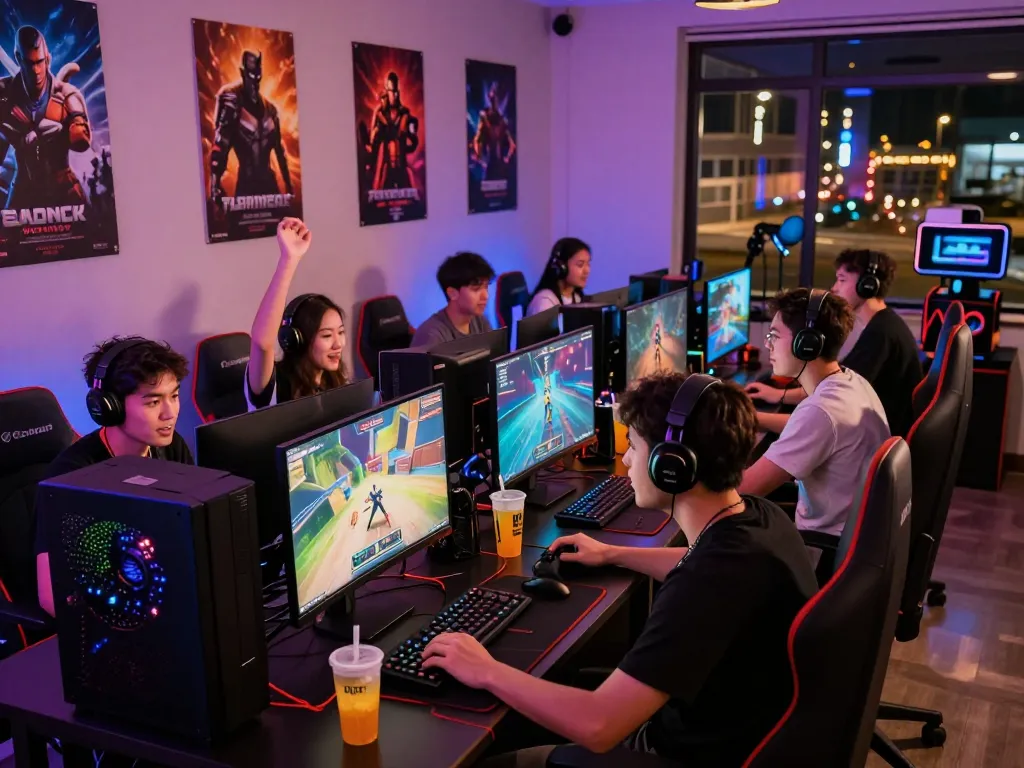 Autowin88 players celebrating wins in a vibrant online gaming lounge with high-end setups and colorful lighting
