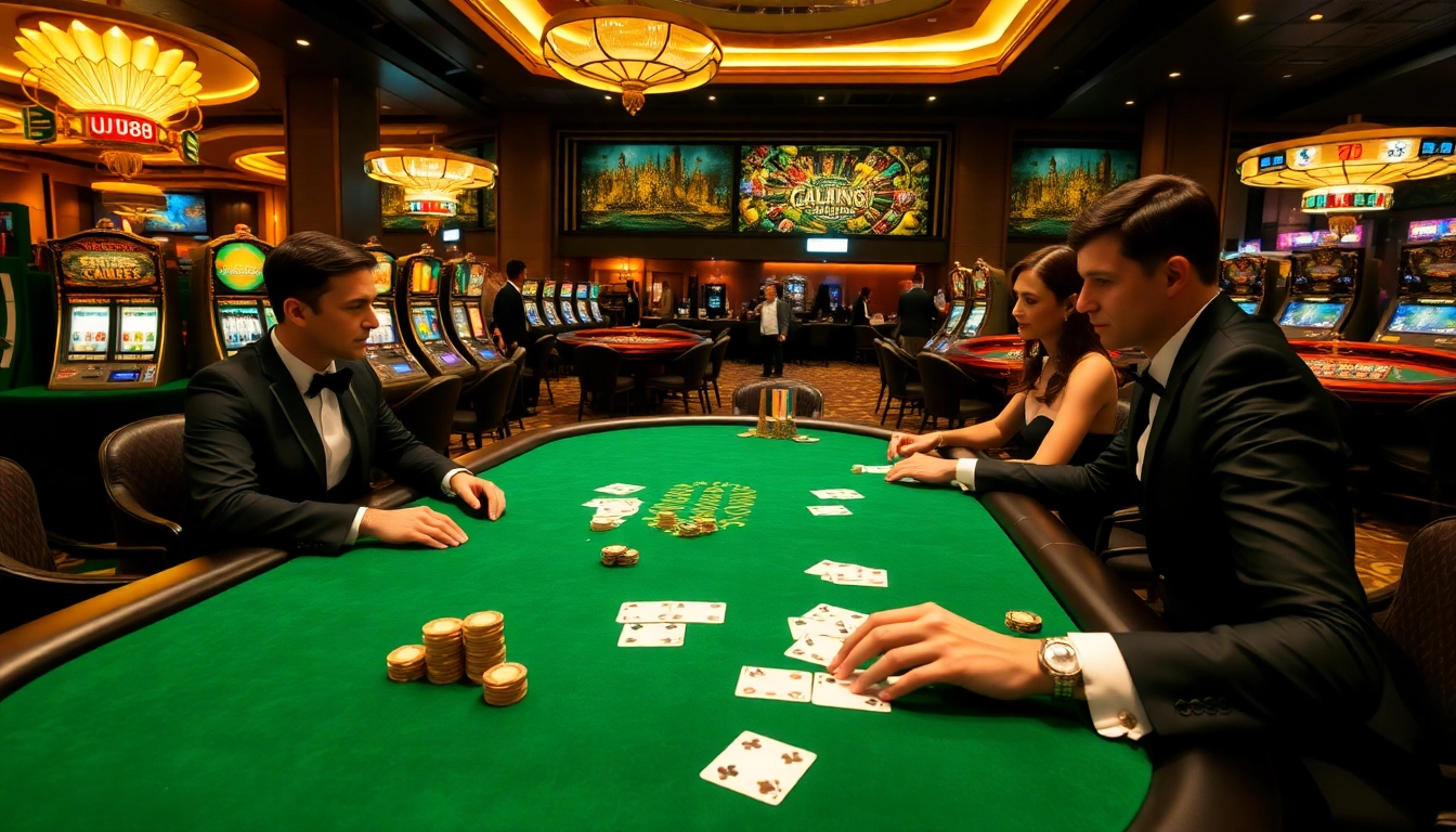 Experience the thrill of poker at UU88.com amidst a luxurious casino setting.