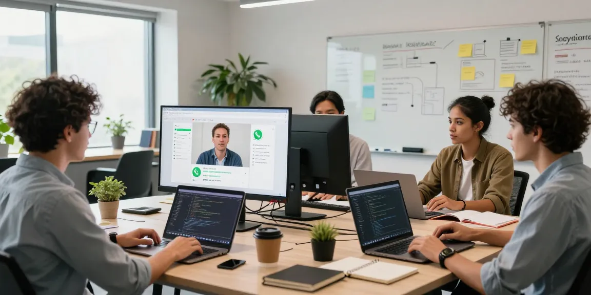 Team collaborating with WhatsApp下載 interface on screens in a modern office setting.