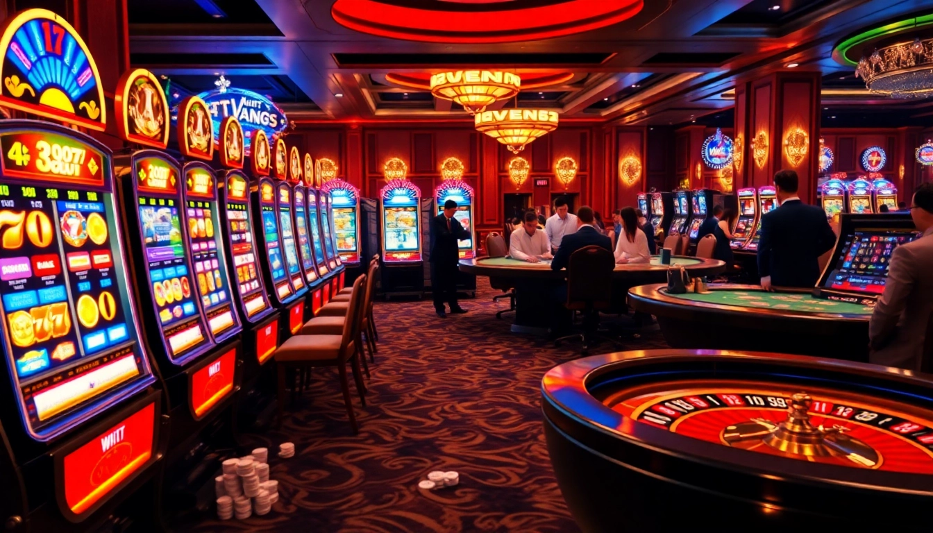 A captivating scene of players engaging with slot machines at https://vmax-link.com/, highlighting the thrill of casino gambling.