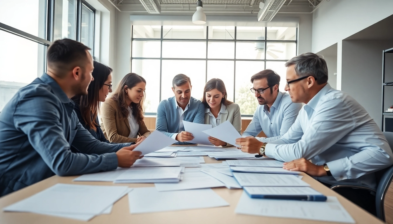 Engaged team of an expert led warranty company evaluating crucial documents in a modern office.