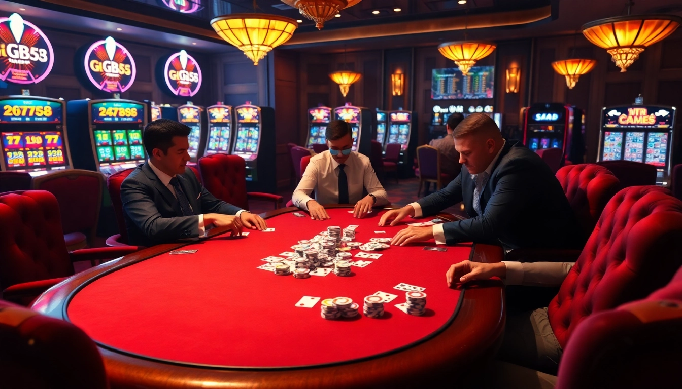 Players enjoying a high-stakes poker game at gg88 casino with vibrant slot machines in the background.