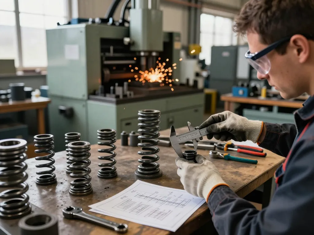Tehnician inspectând arcuri tractiune într-un atelier de industrie grea.