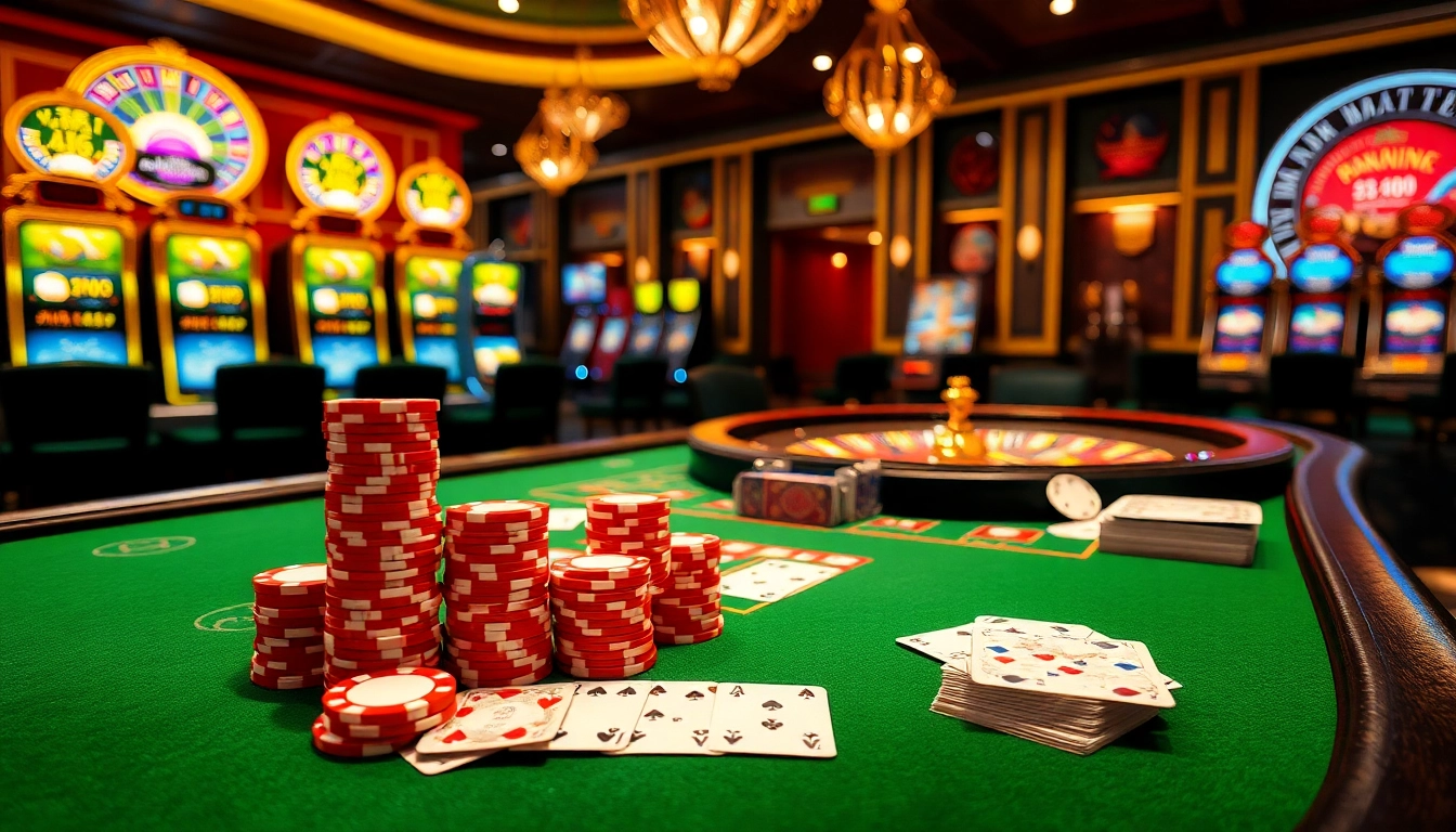 Suasana kasino yang menarik menyoroti KIT4D dengan keping poker dan meja permainan yang elegan.