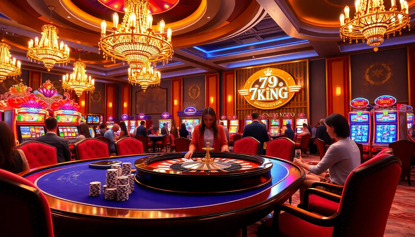 Experience the excitement of 79king con with a luxurious casino environment featuring gaming tables and colorful slot machines.