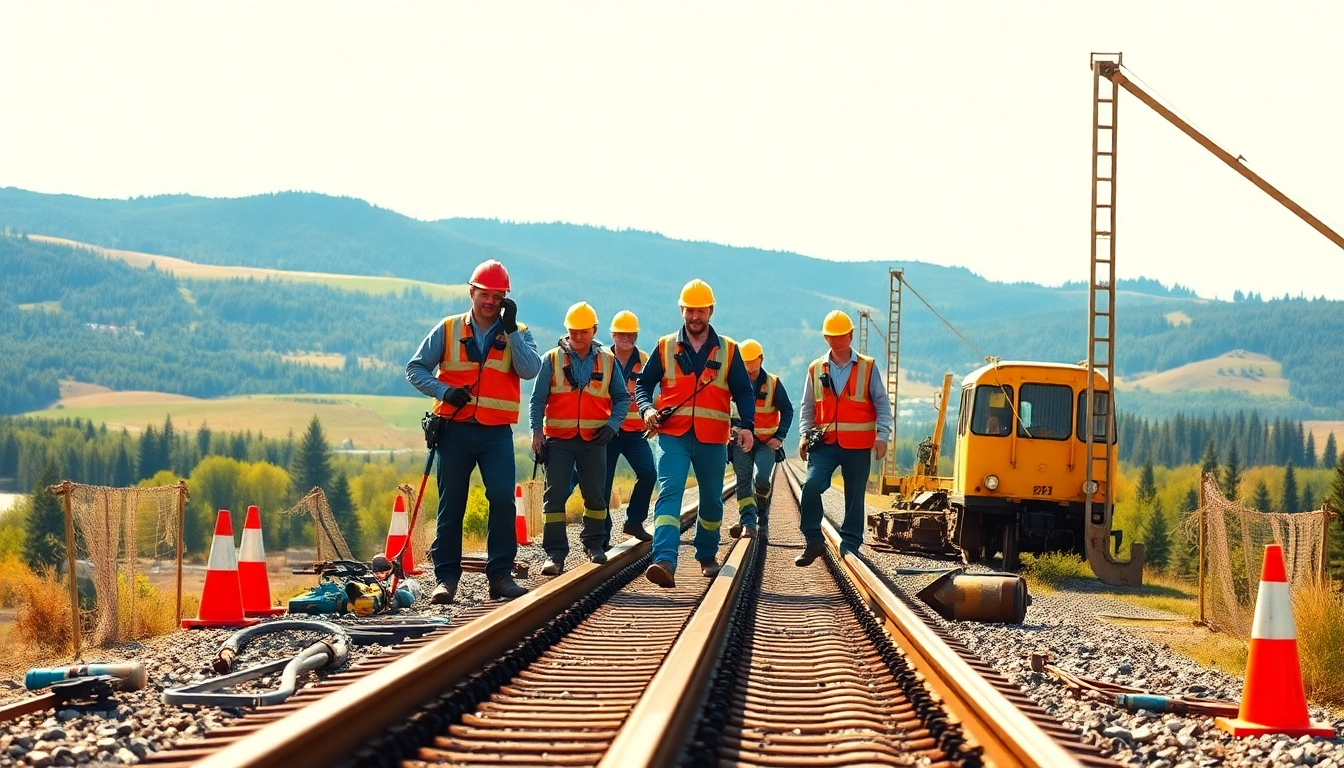 Railroad Maintenance Services team performing track repairs with professional tools and machinery.