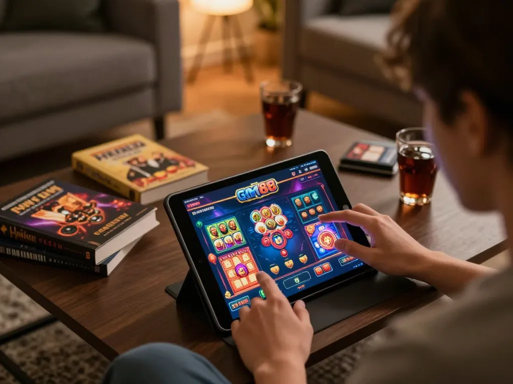 gem88 player engaging with online gaming interface on tablet in cozy home setting
