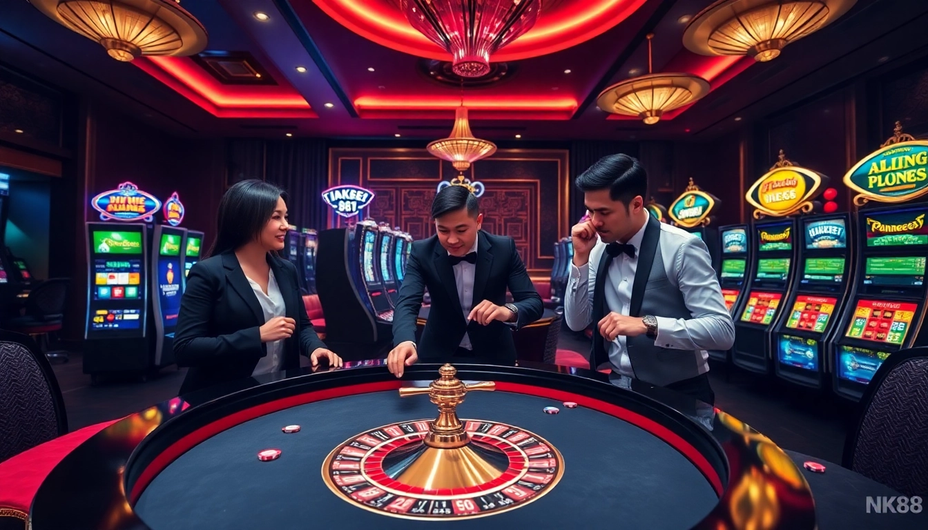 Engaged players at NK88 casino table reveling in an upscale gambling experience.
