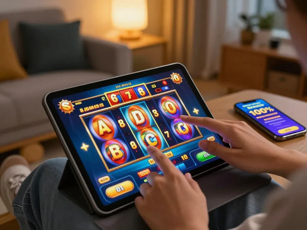 Engaging scene with fingers tapping on tablet showcasing slot bonus new member 100% in a cozy home setting