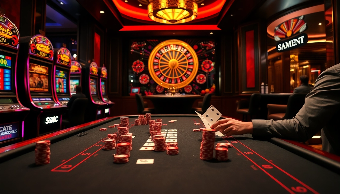 Players enjoying a vibrant casino experience at S8 with poker chips, roulette wheel, and slot machines.