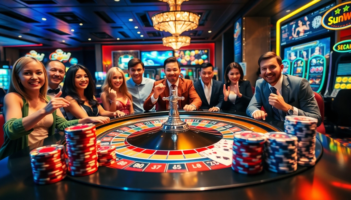 Engage in thrilling casino action with sunwin at a luxurious roulette table surrounded by eager players.