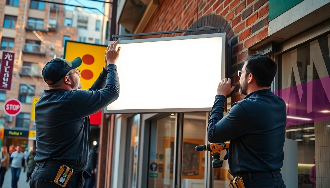 Sign installation technicians expertly placing an illuminated sign above a storefront entrance.
