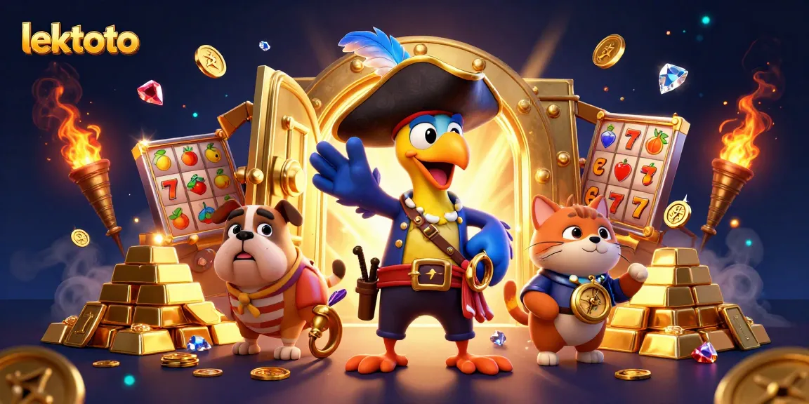 Play to win with lektoto in a vibrant casino scene featuring exciting characters and treasures.