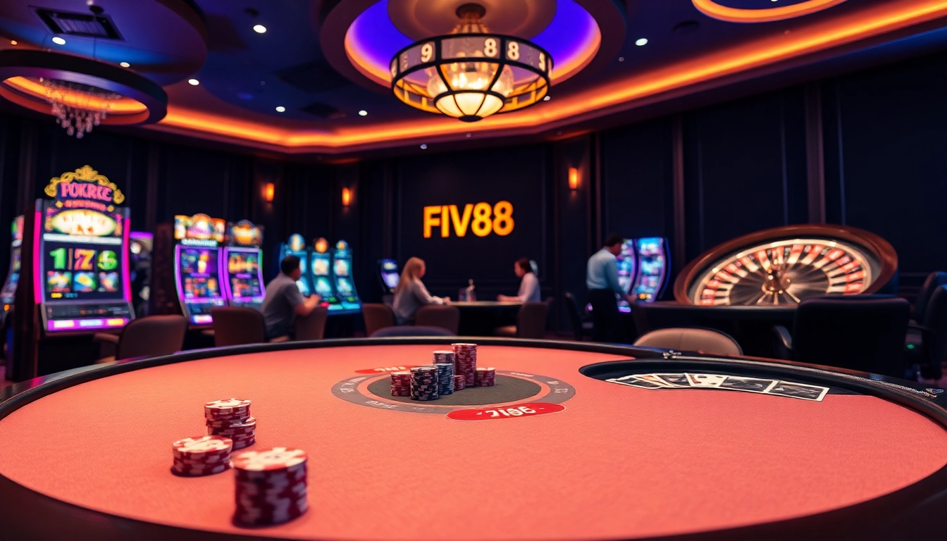 FIVE88 casino gameplay scene featuring poker tables and vibrant slot machines