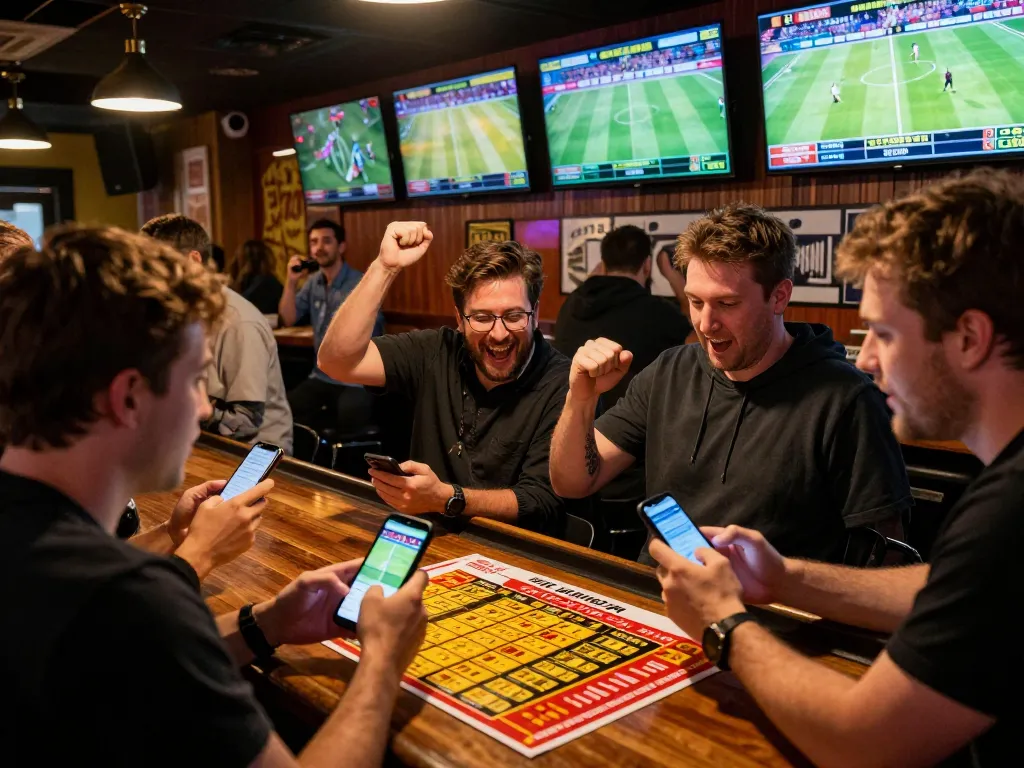 Excited patrons at a sports bar placing bets on 678vip, celebrating wins with drinks.