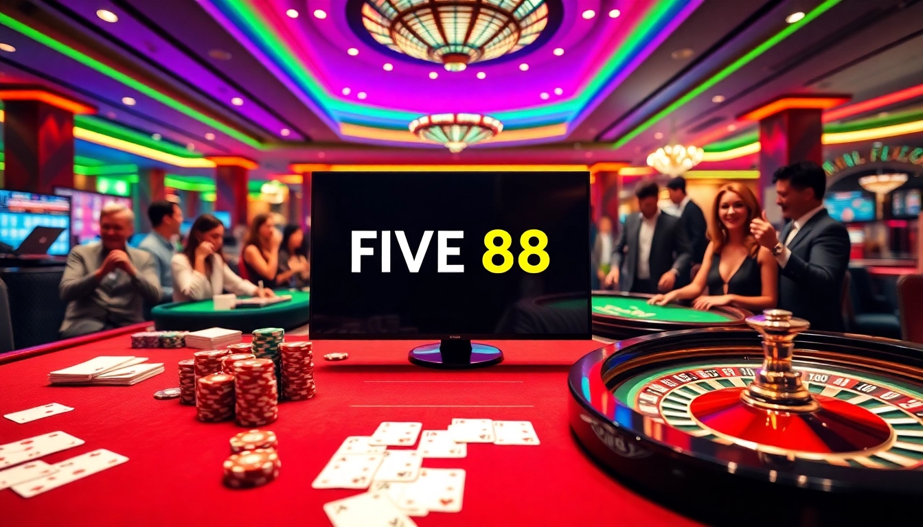 Experience excitement with FIVE 88 casino games, featuring flashy poker chips and vibrant tables.