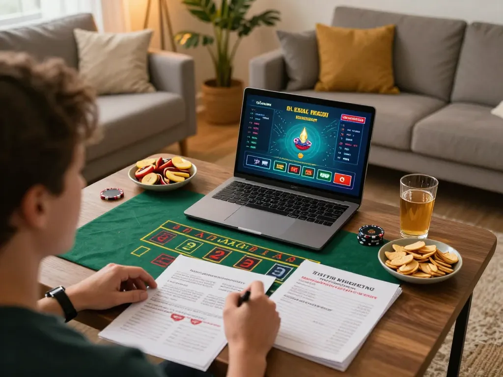 Player enjoying xx88 online casino game with strategy notes and snacks in cozy living room