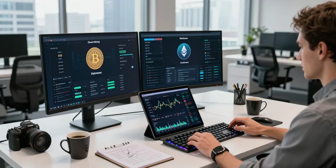 Cloud mining provider workspace with cryptocurrency trading dashboards and blockchain technology.