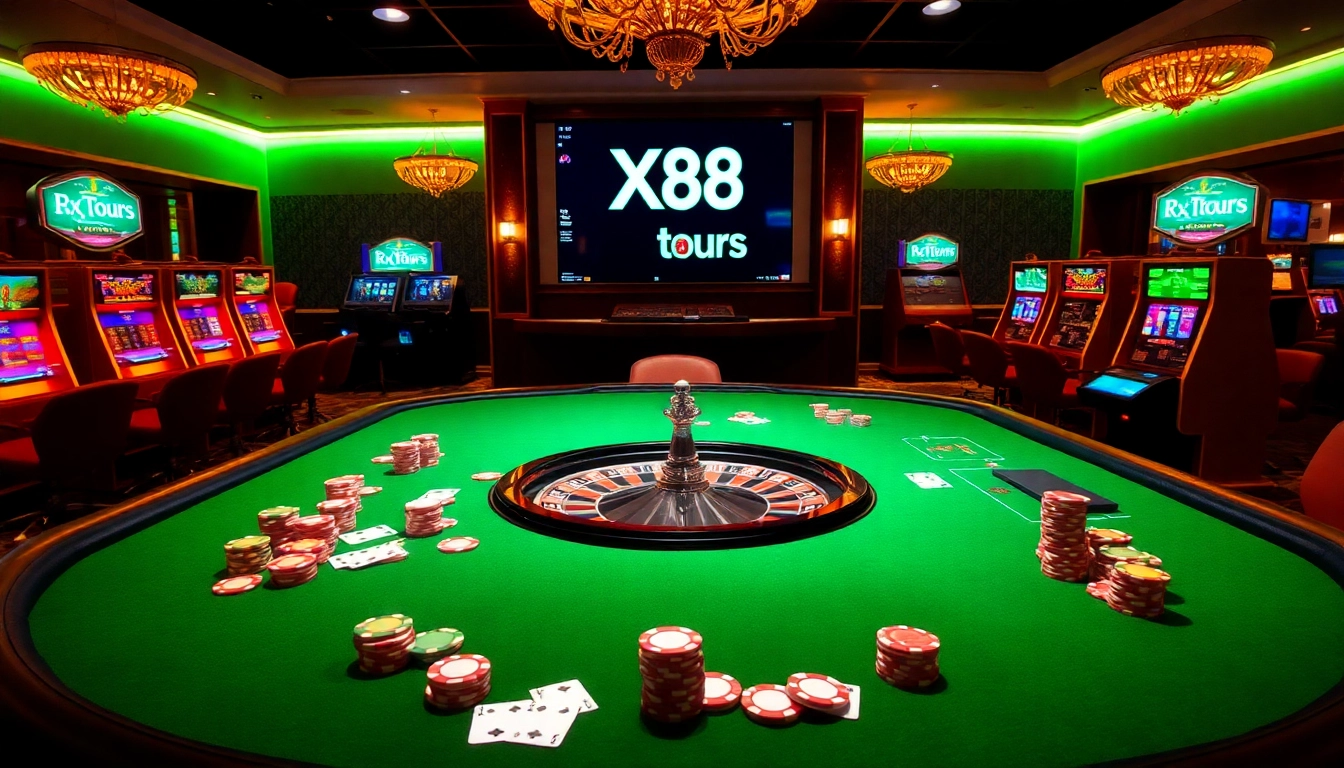 Experience the thrill of casino games at X88.tours with vibrant poker chips and roulette action.