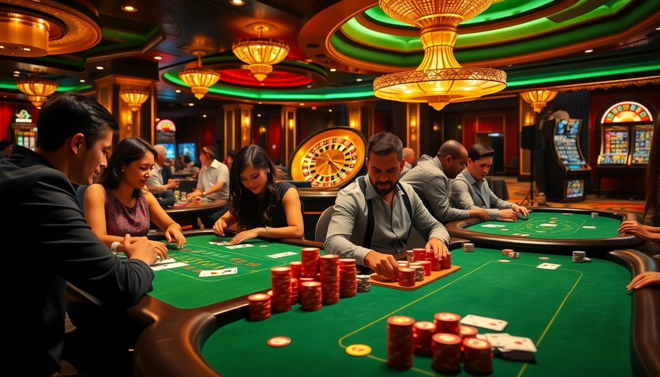 Engaged gamblers strategizing at a luxurious uu88 casino table with poker chips and cards.