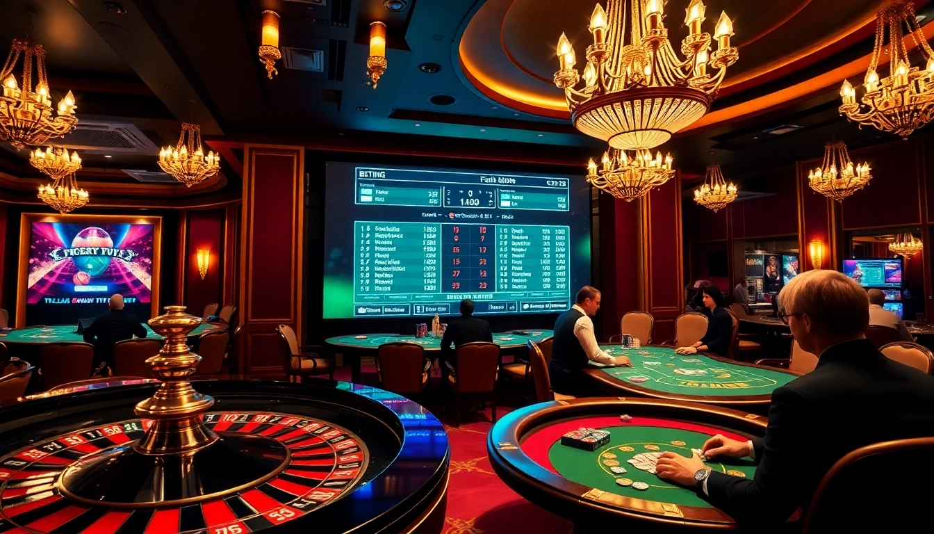Experience ket qua bong da excitement at a luxury casino with vibrant roulette and poker tables.