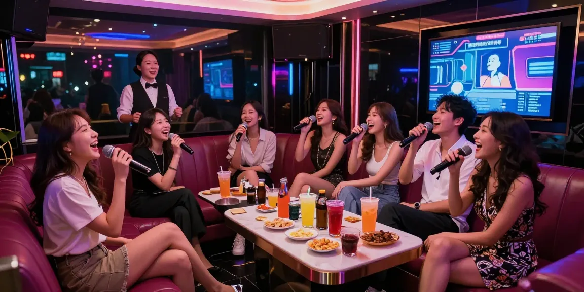 강남 가라오케에서 즐거운 저녁을 보내는 친구들, 화려한 조명이 어우러진 프라이빗 룸과 음료가 가득한 테이블.