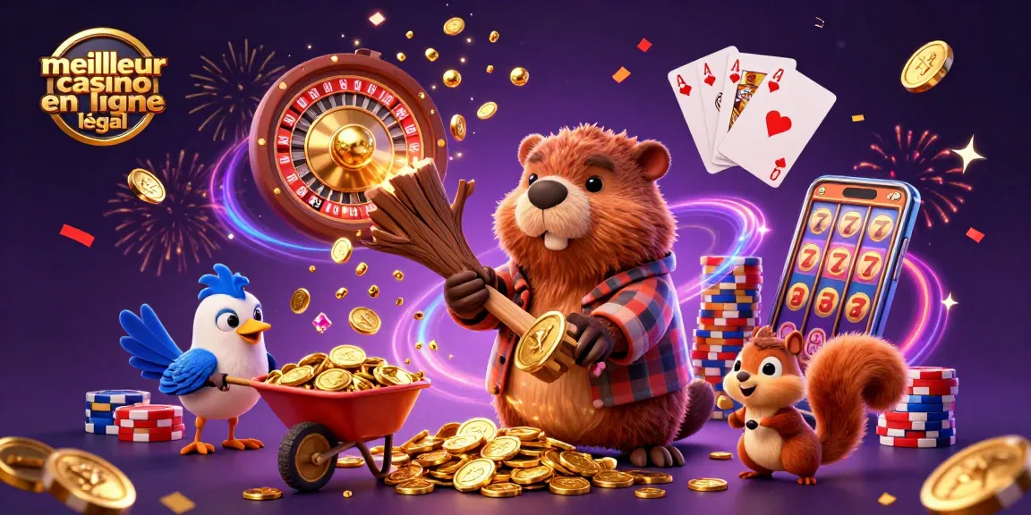 Visualisez le meilleur casino en ligne légal avec des personnages amusants et des éléments de casino scintillants.