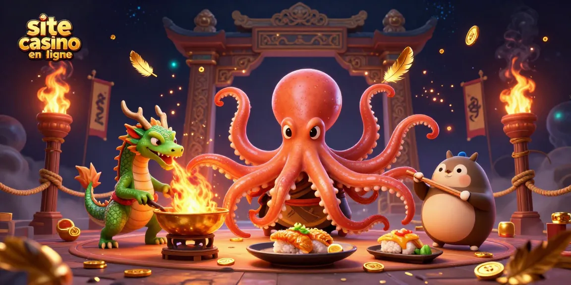 Découvrez une scène vibrante de jeu dans un site casino en ligne, avec un chef sushi adorable et un dragon