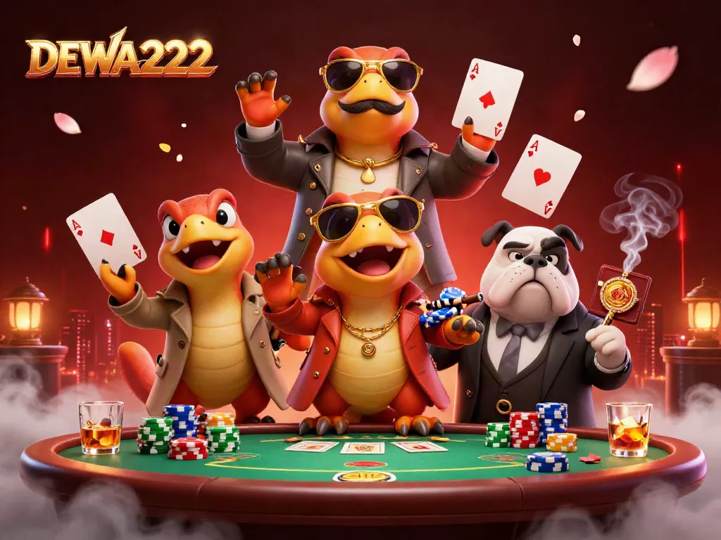 Raptors in a trench coat amusingly trying to enter a VIP lounge at a DEWA222 casino, showcasing poker elements.