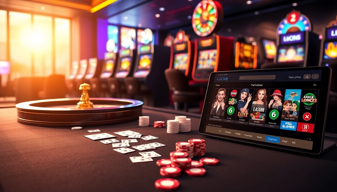 LUCK8 online casino showcasing luxury gaming tables, cards, and vibrant slots.