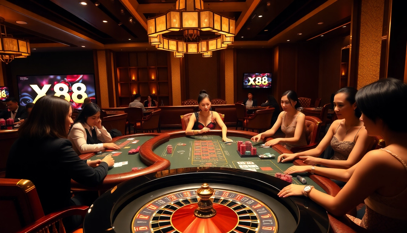 X88 online casino tables showcasing high-stakes Baccarat and Poker action with elegant players.