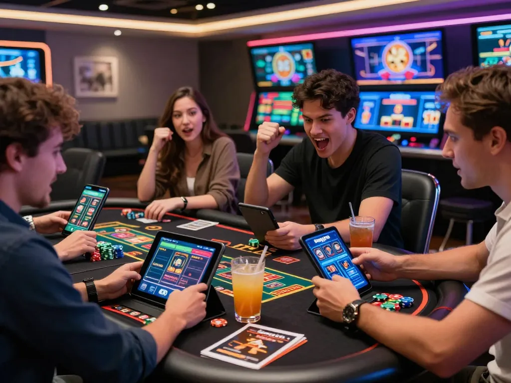 Engaged players enjoying online gambling with bong99 app on devices in vibrant gaming lounge.