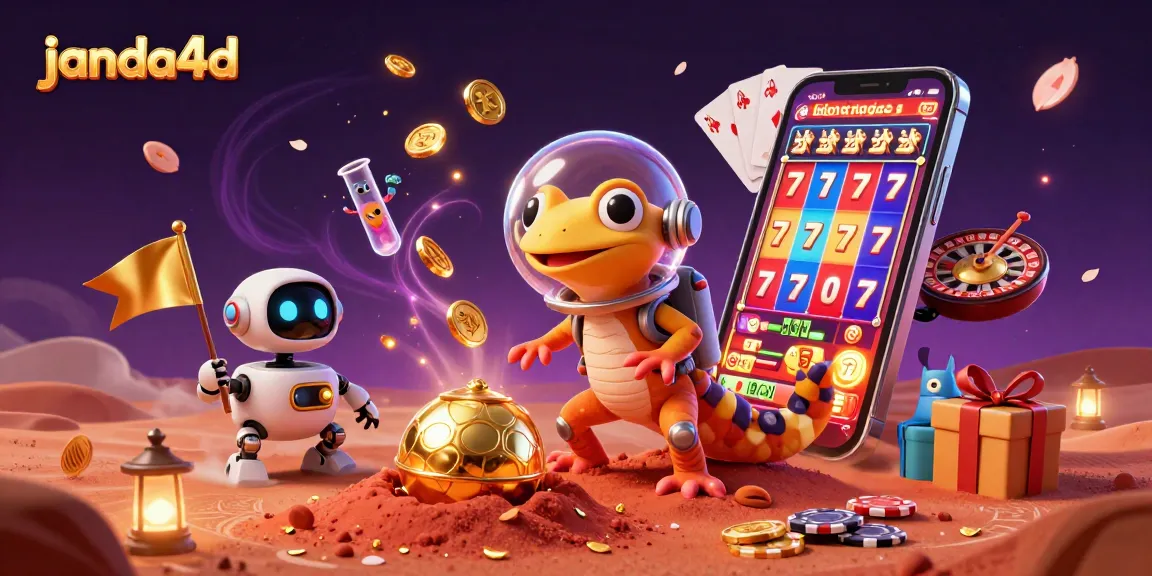 janda4d memukau dengan gecko Martian di kasino emas, simbol keberuntungan dan jackpot menyebar