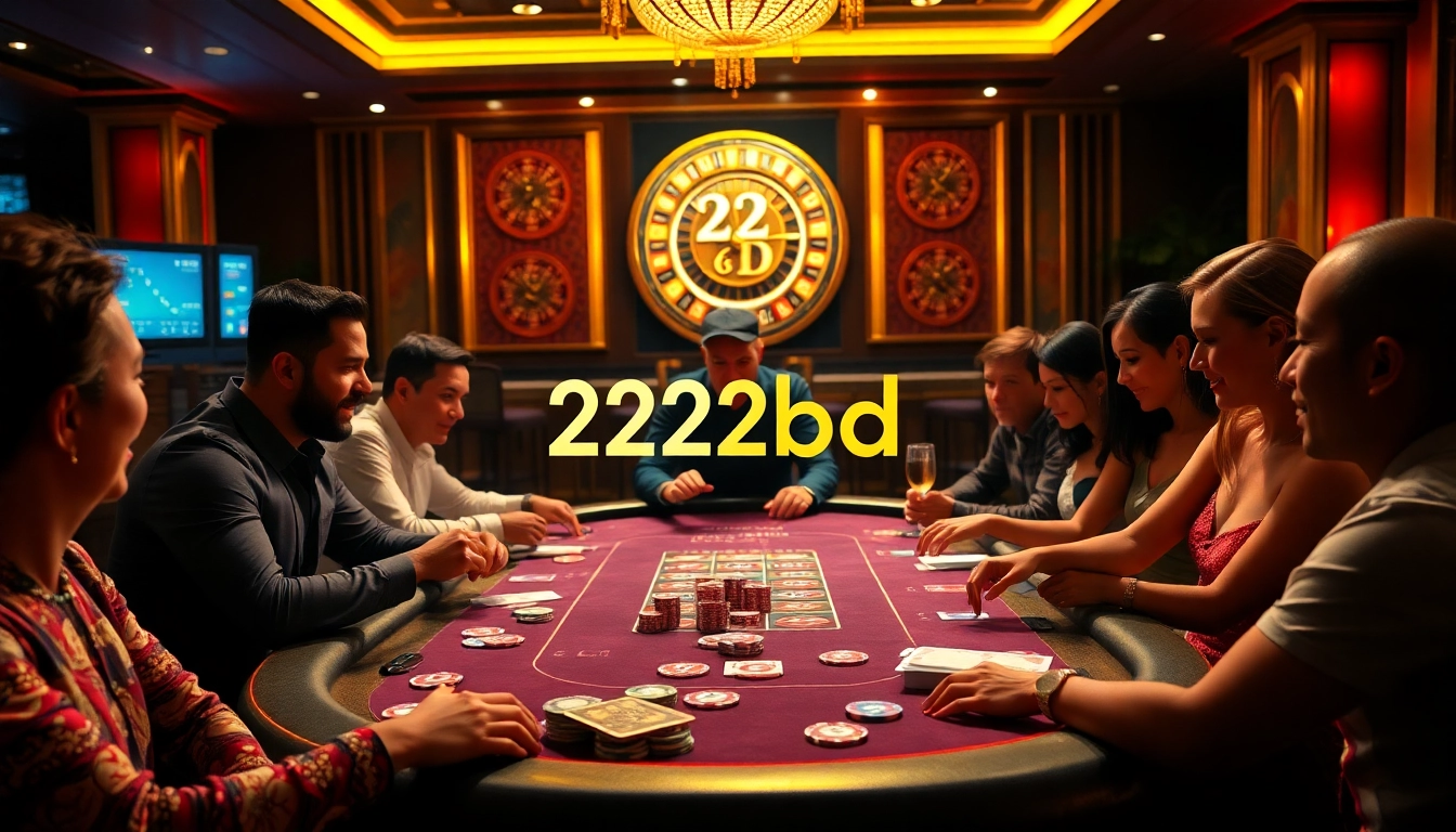 Experience the thrill of winning at 222bd with vibrant casino games and players at a poker table.
