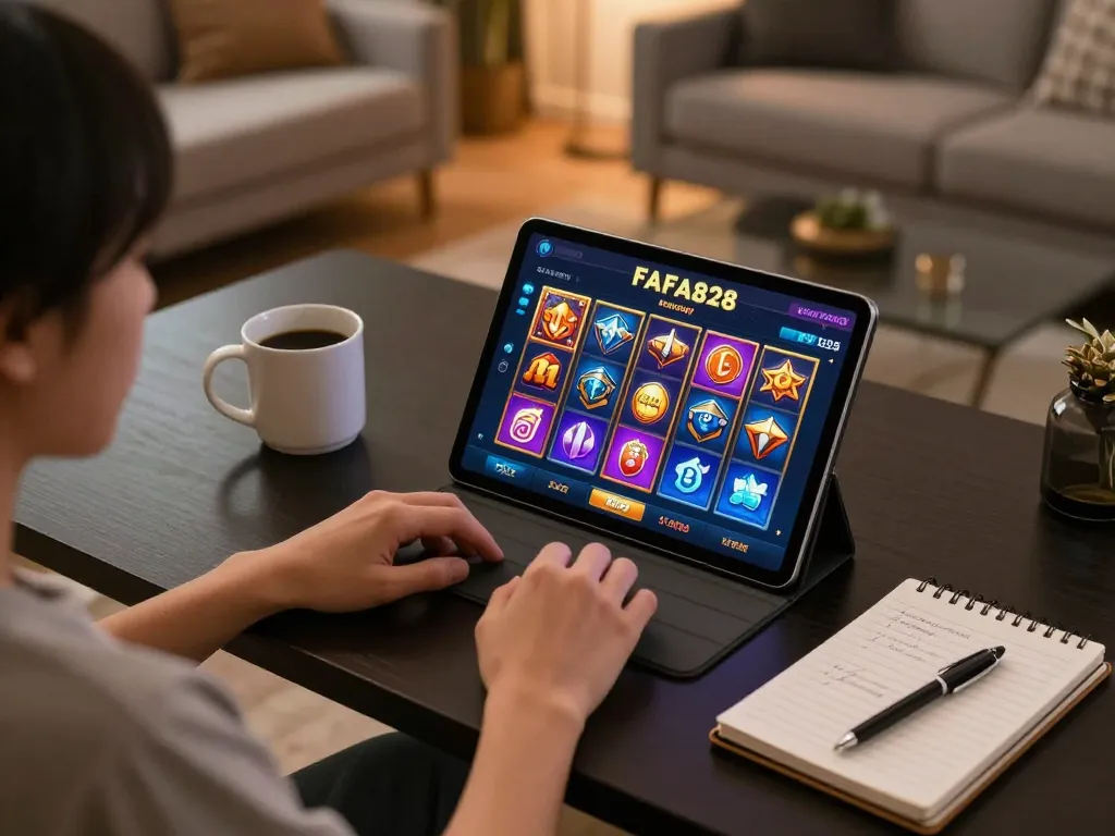 Engaging in FAFA828 online casino gaming at a stylish home desk.