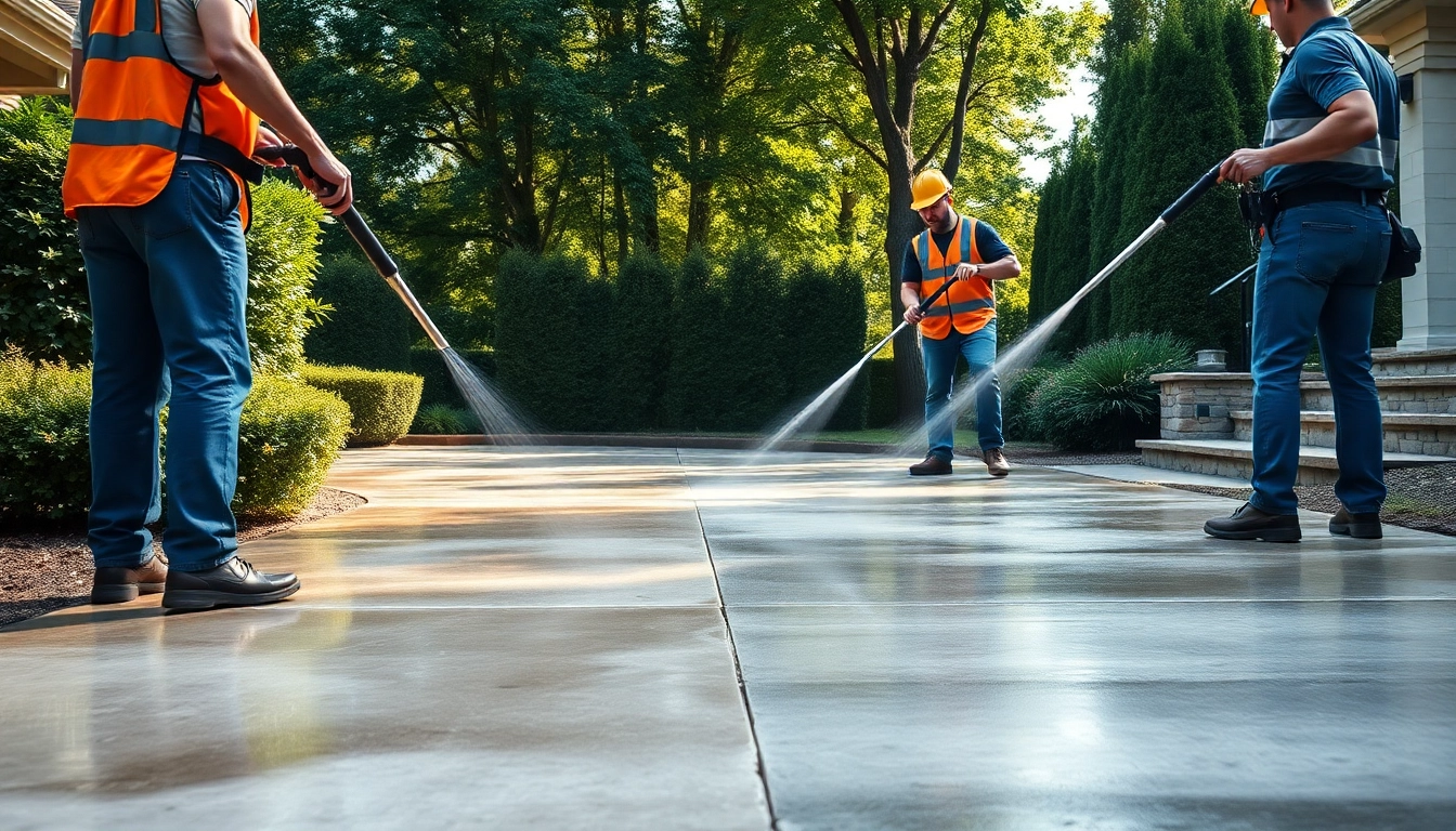 Concrete cleaning in progress, showcasing a professional team revitalizing a driveway with high-pressure washing.