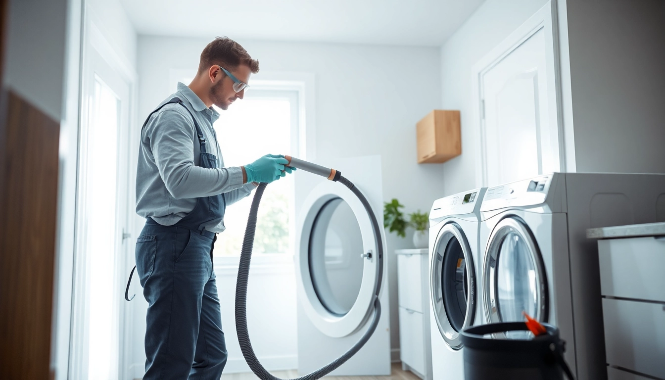 Expert technician conducting Dryer Vent Cleaning service in a residential setting, ensuring safety and efficiency.