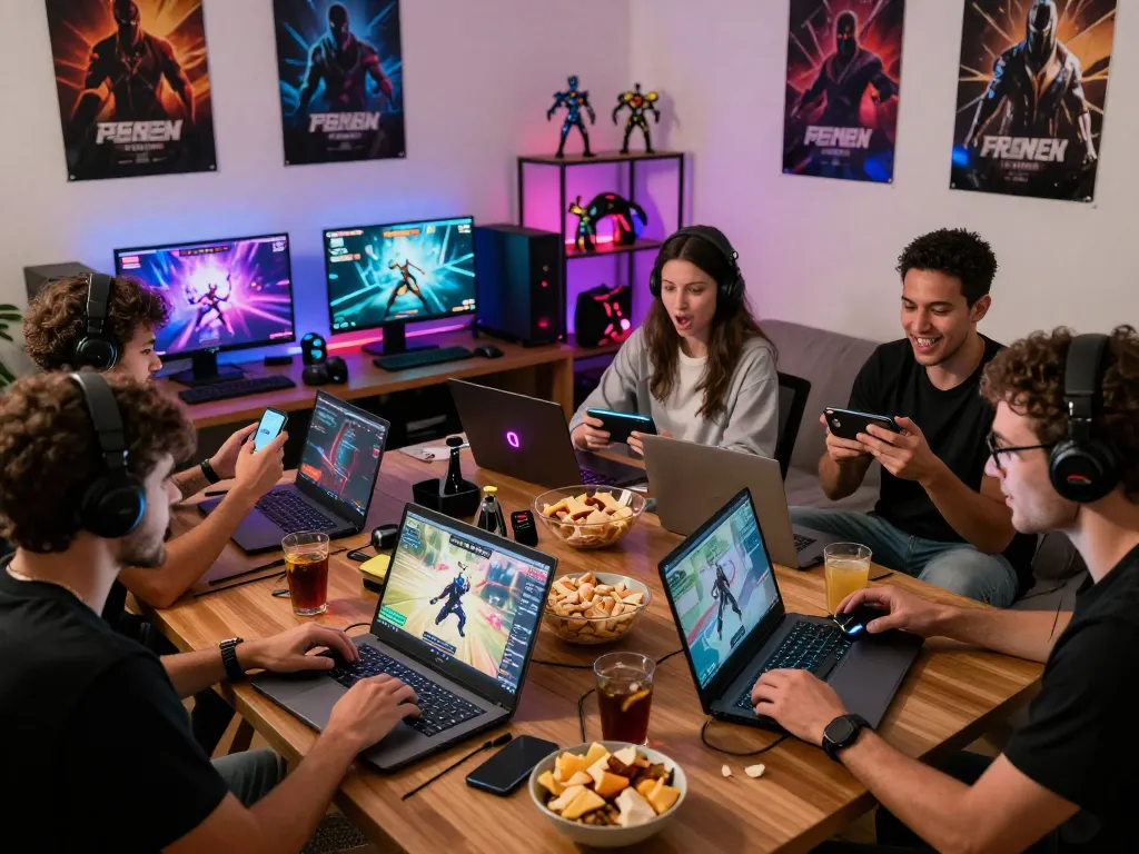 Friends enjoying go88 multiplayer gaming experience in a lively room filled with snacks and vibrant decorations