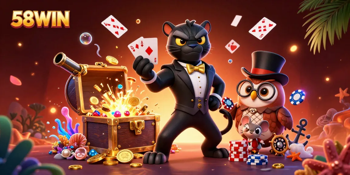Engage in thrilling gameplay at 58WIN with a stylish panther dealer and a poker-enthusiast owl surrounded by riches.
