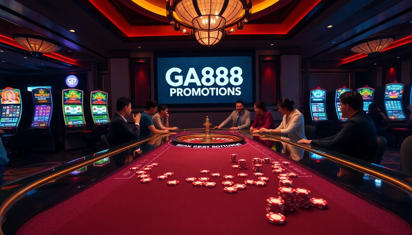 Players enjoying high-stakes poker games at GA888 casino with vibrant slot machines in the background